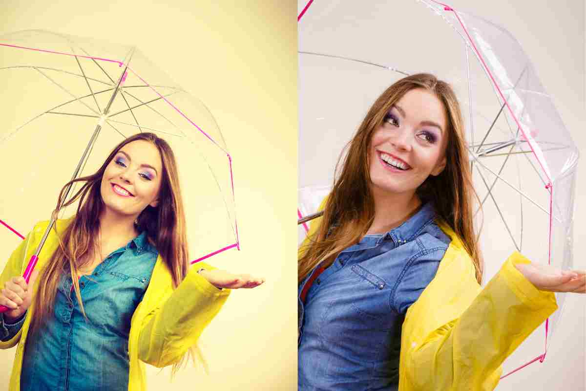 Woman in rainproof coat with umbrella. Forecasting